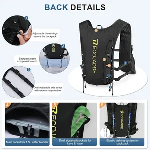 Detailed features of the black lightweight running vest with 1.5L water bladder pocket