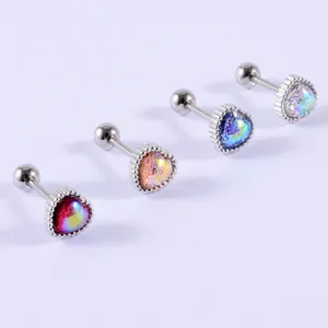 Iridescent heart-shaped stud earrings set with stainless steel screw-back cartilage studs