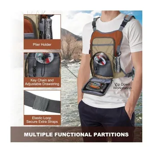 Detailed view of fly fishing chest pack with multiple functional partitions and plier holder.