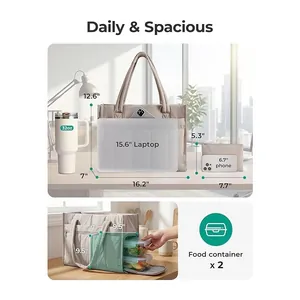 Large capacity tote bag showing laptop compartment and lunch box storage details.