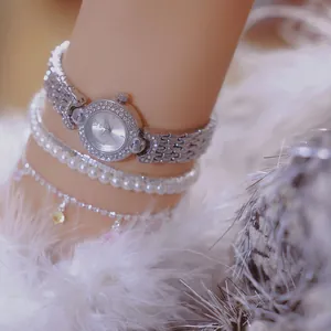 Elegant close-up of a silver rhinestone women's watch with vintage luxury design