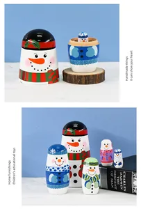 Detail view of 5-piece wooden Christmas snowman Russian nesting dolls for home decor