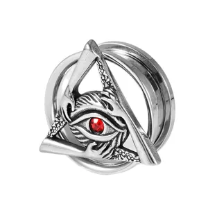 Stainless steel ear gauge pulley with triangle All-seeing eye and central red rhinestone.