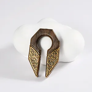 Poids d'oreille en forme de U en bois et acier inoxydable filigrane doré pour tunnels