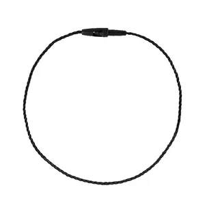 Detailed view of a black twisted nylon cord lanyard with secure plastic fastener