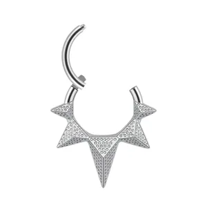 Polished stainless steel hinged segment ring with spiked pavé zircon accents for piercing