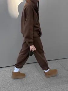 Casual two-piece brown fleece zip-up hoodie and sweatpants set for women street style