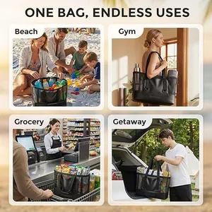 Grande borsa da spiaggia in rete per spiaggia, palestra, spesa e viaggi in 4 scene.