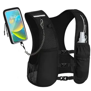 Detail view of breathable running vest with phone pouch and water bottle pocket.