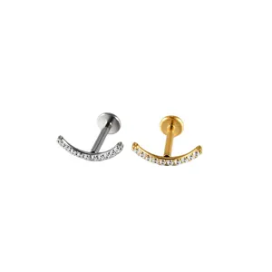 Titanium crescent labret studs with zircon inlay, available in silver and gold colors