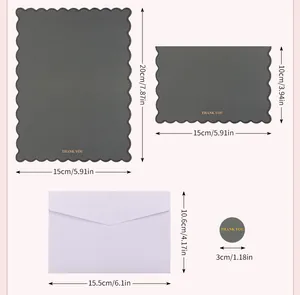 Detailed dimension chart of gold-stamped thank you cards with envelopes in Morandi tones
