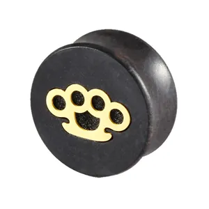 Solid black ebony wood ear gauge plug with gold knuckle duster pattern for piercings