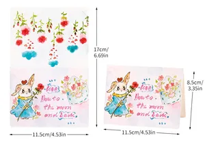 Detailed size guide for watercolor cartoon rabbit greeting card 11.5x8.5cm folded.
