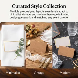 Detailed view of gold-bordered white and kraft wedding place cards in various event styles