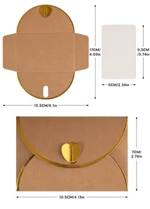 Detailed size diagram of vintage kraft paper envelope with gold heart clasp and white card