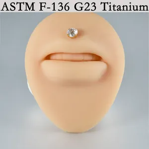 Close-up of G23 titanium labret stud with round zircon on silicone mouth model.