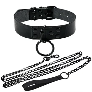Black leather choker with O-ring and long metal chain leash for alternative fashion