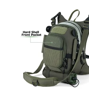Detail view of a durable olive green fly fishing chest bag featuring a hard shell front pocket