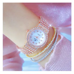 Elegante reloj BS Bee Sister de oro rosa con brillantes diamantes en tela rosa
