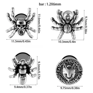 Details von Punk-Ohrsteckern aus Edelstahl mit Spinne, Totenkopf und Wolfsdesigns