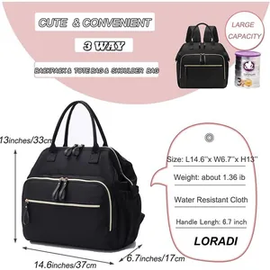 Large capacity waterproof diaper bag backpack with 3-way carrying design and dimensions
