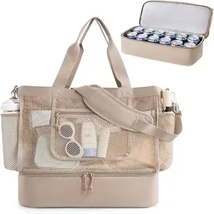 Detail view of a large double-layer mesh beach bag with an integrated bottom cooler compartment