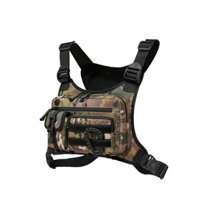 Front view of a camouflage tactical chest bag with adjustable straps and Molle system