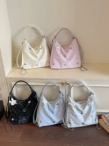 Large capacity versatile hobo bag with butterfly details and bunny charm in 5 colors