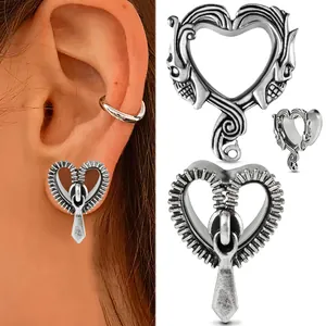 Dilatadores Oreja Corazón Acero Inoxidable Cremallera Doble Cráneo Piercing Joyería Gótico Punk Body Jewelry Color Acero Hombre Mujer