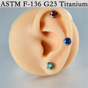 Close-up detail of G23 Titanium zircon labret studs shown on a silicone ear prop model