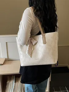 Cream geometric embossed large tote bag with decorative silk scarf for women's daily commute