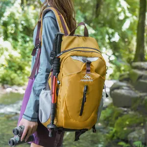 Randonneur avec sac à dos jaune et bâton de marche dans une forêt verdoyante
