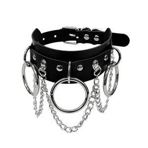 Black gothic PU leather choker necklace with multiple silver O-rings and draping chains