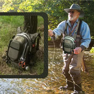 Scene of a fisherman wearing a lightweight multifunctional fly fishing chest pack.