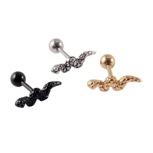 Stainless steel snake-shaped barbell ear studs in black, silver, and gold finishes