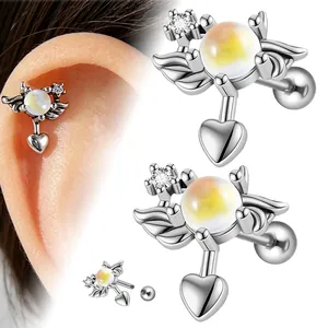 Roestvrij Stalen Vleugel Hart Lip Piercing Oorknopjes Met Strass Druppel Olie Oorkraakbeen Piercing Sieraden Voor Vrouwen Zilverkleurig