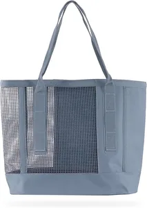 Detailed front view of a light blue waterproof mesh tote bag for commuting and travel