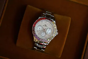 BS Bee Sister women's luxury watch with rainbow gemstone bezel and crystal dial