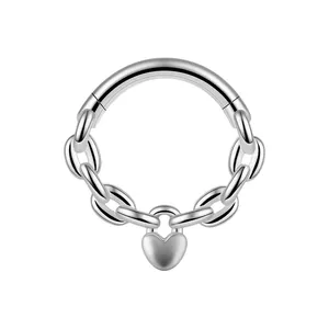 Anello per setto in acciaio inossidabile con maglie a catena e pendente a cuore