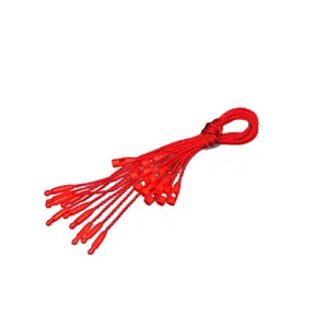 Red braided nylon hang tag cords with plastic locker fasteners for festive wish cards