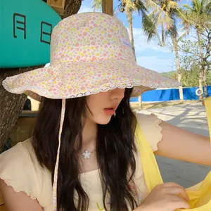 Summer floral lace bucket hat with wide brim for sun protection and stylish sunshade look