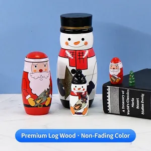 Wooden Christmas Matryoshka Dolls Snowman Santa Claus Pattern 5 Layers Nesting Dolls Decorative Holiday Gift Home Ornament
