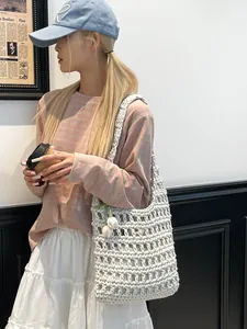 Bolso de hombro de punto calado de gran capacidad para mujer, ideal para playa y ocio.