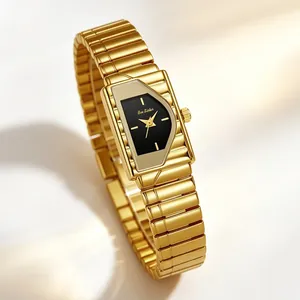 Elegante reloj vintage dorado para mujer con esfera negra y caja geométrica única