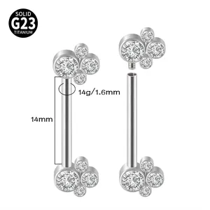 G23 solid titanium internally threaded nipple barbells with clear cluster crystals 14g 14mm