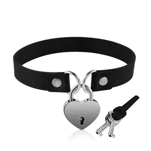 Adjustable black faux leather choker necklace with silver heart padlock pendant and keys