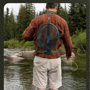 Rear detail view of a fly fishing landing net with an adjustable back strap system.