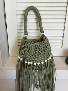 Women's Summer Hand Woven Straw Bucket Bag With Tassels And Beads Large Capacity Bohemian Vacation Top Handle Handbag