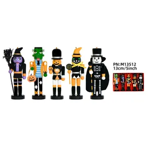 Set di 5 mini schiaccianoci di Halloween, strega e scheletro, pupazzi in legno da 13 cm