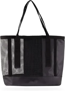 Detail view of large black mesh tote bag with durable handles and waterproof bottom
